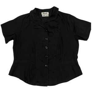 FLAX Lithuania Linen Button-Down Top Petite "I Am‎ Forever Young" Black